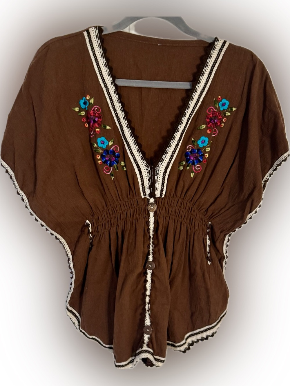 Boho Embroidered Poncho Top | Brown Cotton Gauze | Size Xo/S
